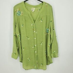 fig and flower Lime Green Front Button Down Embroidered Shirt With Long Sleeves
